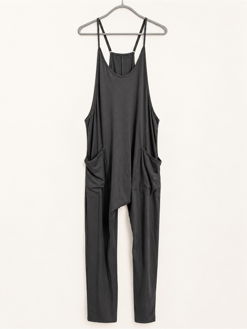 Charcoal Gray Relaxed Jumpsuit Size S | Adjustable Straps & Oversized Pockets